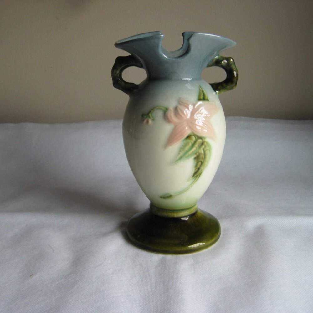 Vintage Hull Double Handle Woodland Green & Pink Vase 7"